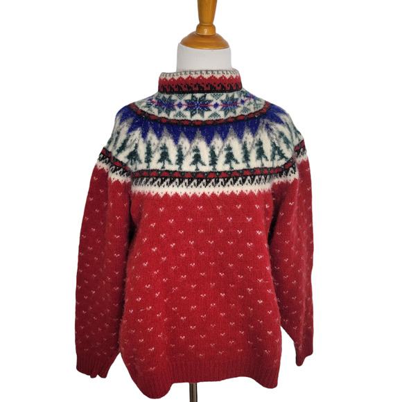 Vintage Eddie Bauer Fair Isle Wool Christmas Sweater Mock Neck Red Women Large - Picture 1 of 14